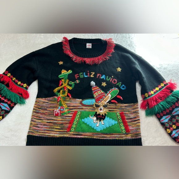 Holiday Time Black Festive Sweater with Red and Green Accents Size M (8-10) - Picture 5 of 8